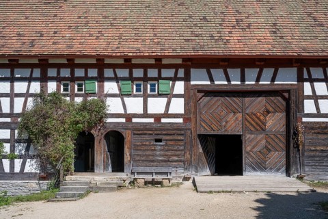 Traditionally built, old farmhouse, half-timbered house, called Baerbele-Haus, built around 1750,