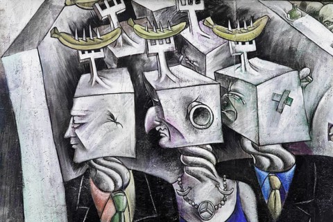 Graffiti on the Berlin Wall in the East Side Gallery, Berlin, Germany, Europe, Surrealist artwork