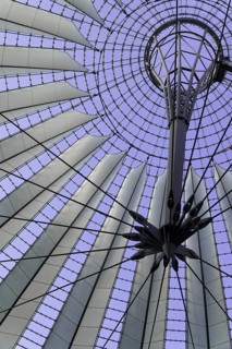 Dome, Sony Centre, Mitte, Berlin, Germany, Europe, Modern metal roof construction on a purple