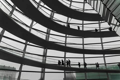 The dome of the Reichstag in Berlin. The architect Sir Norman Foster designed the steel and glass