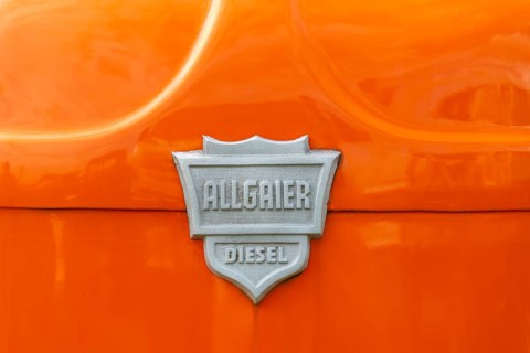 Allgaier Diesel, Porsche tractor, sheet metal logo on orange painted bonnet, Offenbach, Dreieich,