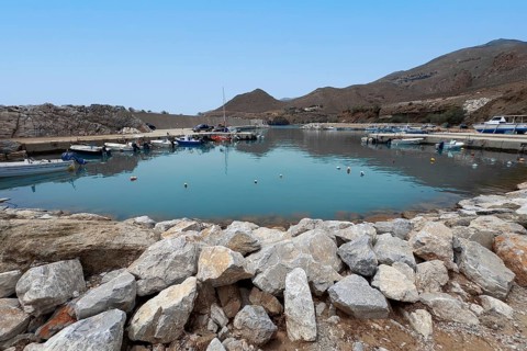 View of harbour basin of new small harbour marina of Loutra east of Lentas on south coast of island