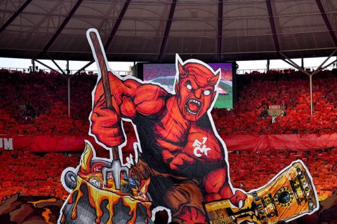 Red Devil with cup, choreo, choreography, fan action fan block, fans, fan curve, flags, flags,