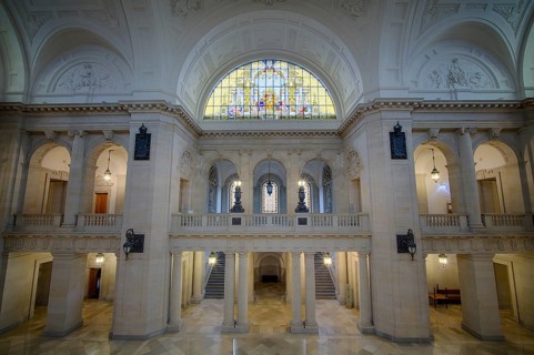Interior view, main staircase to the gallery, gallery, with group of figures Damnation and
