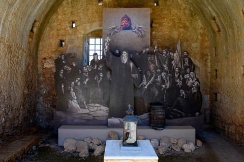 View of memorial for victims of monks inhabitants of Arkadi monastery in former wine cellar later