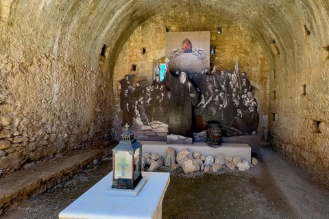 View of memorial for victims of monks inhabitants of Arkadi monastery in former wine cellar later