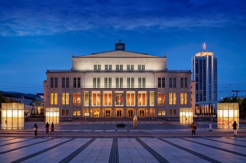 Opera, Winter Garden Tower, Augustusplatz, evening mood, blue hour, Leipzig, Saxony, Germany,