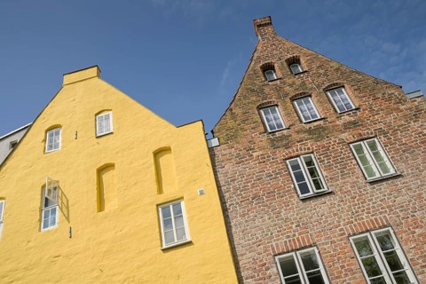 Old town houses, gables at the back of the Rosenhof, An der Obertrave, Luebeck, Schleswig-Holstein,