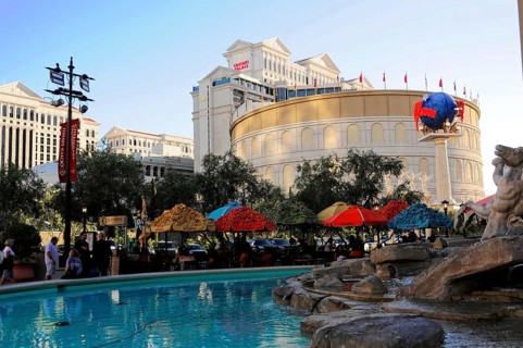 Las Vegas, Nevada, USA, North America, Exterior view of a hotel and casino with pool, colourful