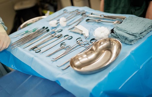 Medical instruments of the Bundeswehr medical service during a simulated operation on a casualty