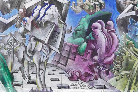 Graffiti on the Berlin Wall in the East Side Gallery, Berlin, Germany, Europe, Abstract art with