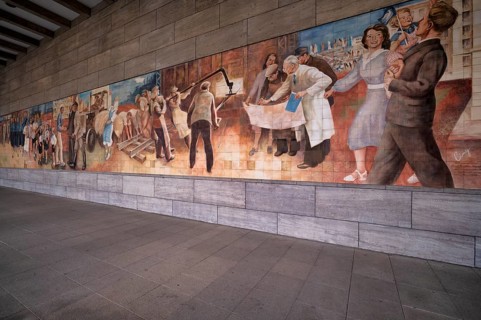 Mural Aufbau der Republik made of Meissen porcelain tiles by Max Lingner at the Federal Ministry of