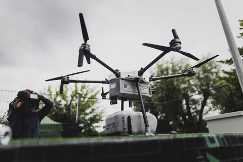 Delivery drone, photographed as part of the official opening of the drone delivery service