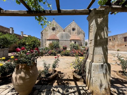 View of rear wall of double-aisled church building Church of Arkadi Monastery with double apse in