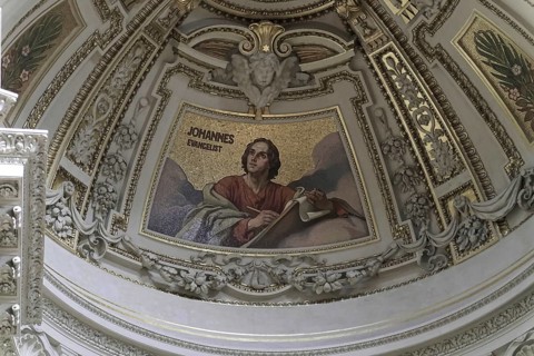 Interior view of Berlin Cathedral, Berlin, Germany, Europe, mosaic of St John the Evangelist,