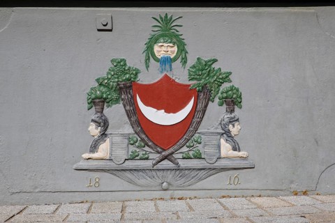 Detail of St George's Fountain, date and images on the octagonal cast iron trough from 1816,