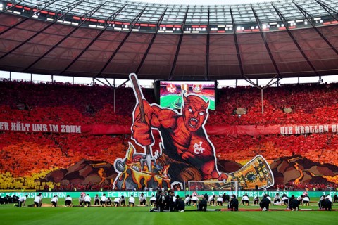 Red Devil with cup, choreo, choreography, fan action fan block, fans, fan curve, flags, flags,