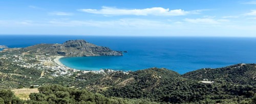 Panoramic photo from elevated position on landscape at south coast of island Crete over in