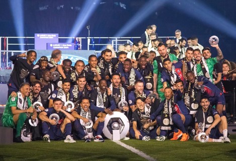 Football match, The team of the French champion 2024 Paris St. Germain celebrating with the French