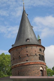 Holstentor, view from south, oblique position, Holstentorplatz, Luebeck, Schleswig-Holstein,