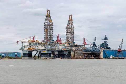 ENSCO 8506 offshore oil drilling platform rig in the Port of Galveston, Texas, United States of