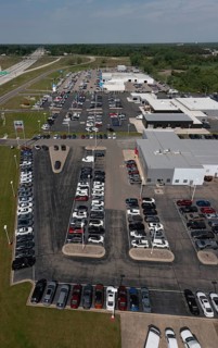 Jackson, Michigan, New car dealers along Interstate 94. From bottom: Nissan, Chrysler, Honda, and