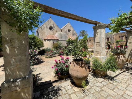 View of rear wall of double-aisled church building Church of Arkadi Monastery with double apse in