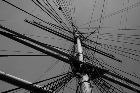 Old sailing ship in the Hamburg Harbour Museum, black and white, Hanseatic City of Hamburg,