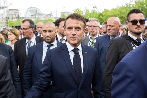 Emmanuel Macron (President of the French Republic) at the stage talk in the dialogue forum at