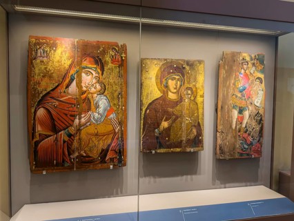 Three old historical icons placed in the UNESCO World Heritage Monastery of Moni Arkadi Arkadi