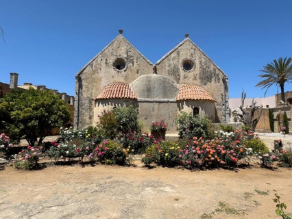 View of rear wall of double-aisled church building Church of Arkadi Monastery with double apse in