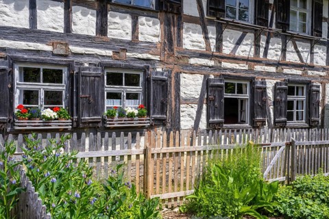 Traditionally built, old farmhouse, half-timbered house, called Biehle built in the 18th century,