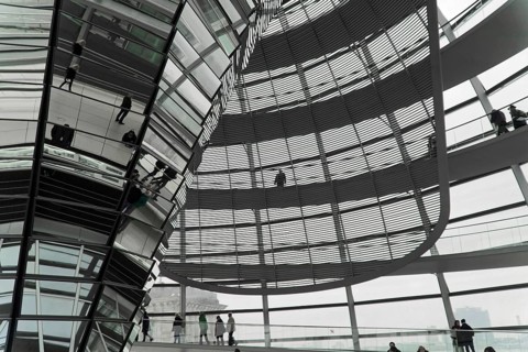 The dome of the Reichstag in Berlin. The architect Sir Norman Foster designed the steel and glass