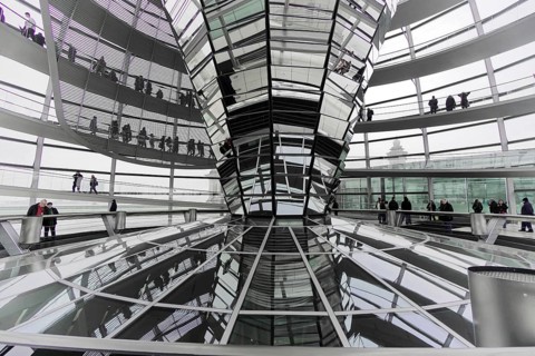 The dome of the Reichstag in Berlin. The architect Sir Norman Foster designed the steel and glass