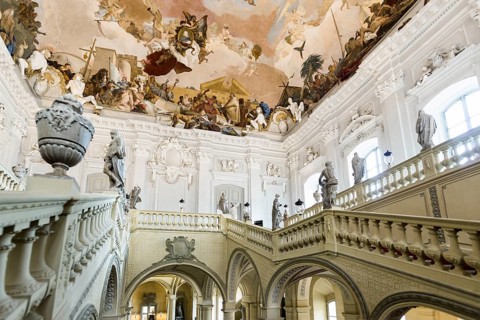 Staircase, fresco, ceiling painting by Tiepolo, Wuerzburg Residence, UNESCO World Heritage Site,