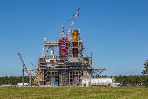 Rocket engine test stand at Stennis Space Center designed for Saturn V rocket testing and modified