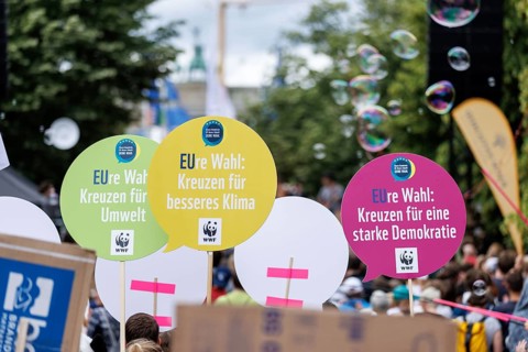 Demonstrators with signs at Fridays for Future, taken during the climate strike for the EU