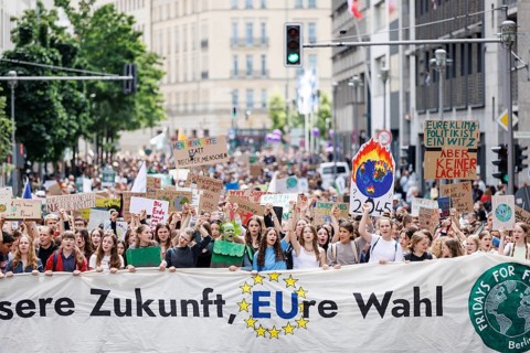 Demonstrators with signs at Fridays for Future, taken during the climate strike for the EU