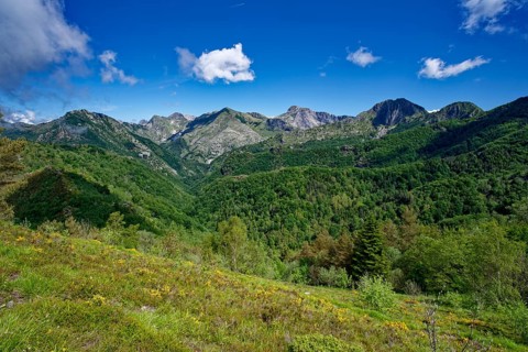 Mountain panorama from Passo Croce in the Garfagnana mountain landscape to the peaks of the Apuan