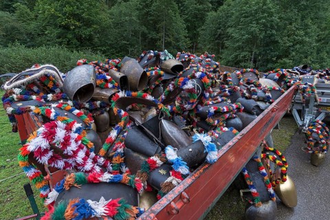 Jewellery cowbells for the cattle drive on a hanger, gabled house, Bad Hindelang, Allgaeu, Bavaria,