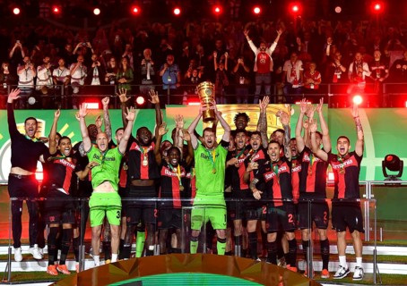 Cheering, joy, winner's celebration, honour, award ceremony of the cup winner Bayer 04 Leverkusen,