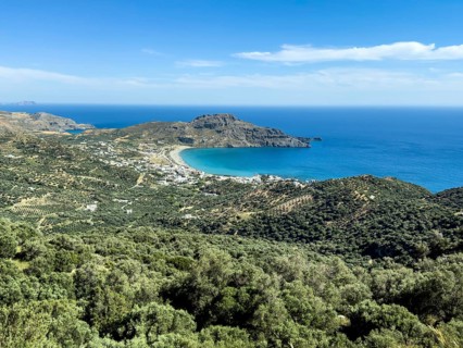 View from elevated position on landscape at south coast of island Crete over in the foreground many