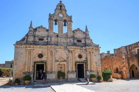 Facade with two doors Tor tor portals bells of two-aisled church built 1587 to 1600 in Arkadi