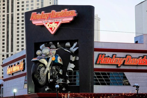 Las Vegas, Nevada, USA, North America, Large Harley Davidson Cafe in Las Vegas, illuminated, with a