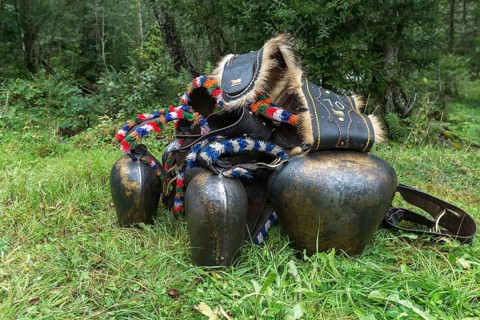 Cowbell jewellery for the cattle drive, gabled house, Bad Hindelang, Allgaeu, Bavaria, Germany,