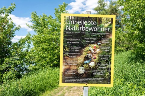 Information sign about unpopular natural inhabitants, indicates how long waste takes to decompose,
