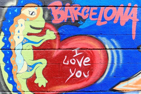 Barcelona, Catalonia, Spain, Europe, Graffiti with a red heart and the inscription 'I love you',