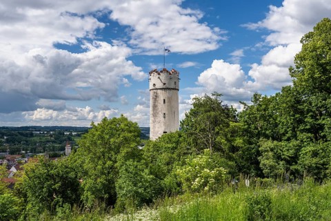 The defence defence tower built in 1425, called Mehlsack, in the historic old town of Ravensburg,