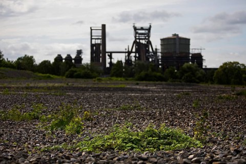 The dreary Hympendahl slag heap with the listed Phoenix-West blast furnace works, Hoerde, Dortmund,