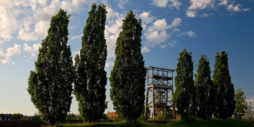 Gneisenau district park with the double trestle structure of the disused colliery, Derne, Dortmund,
